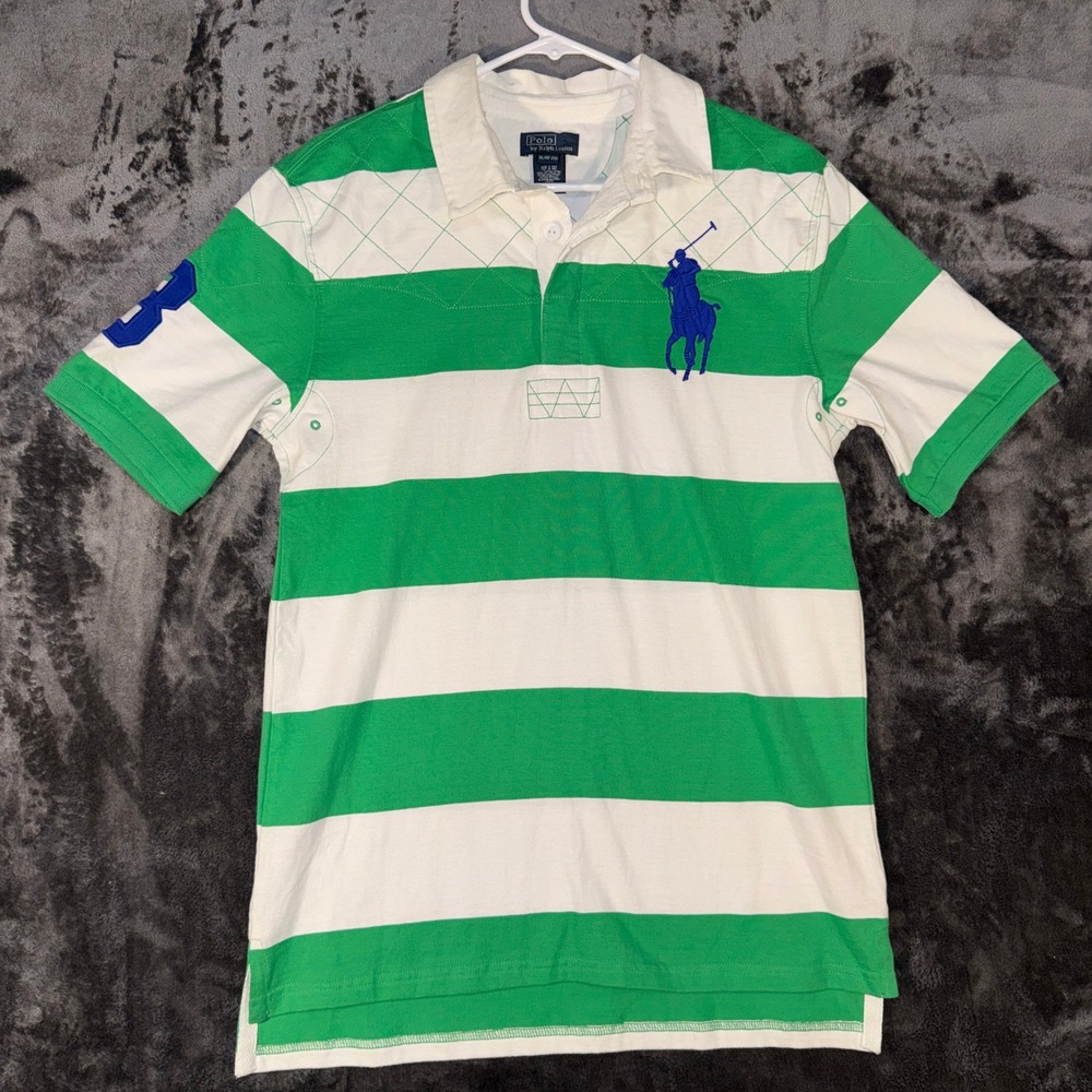 Polo Ralph Lauren Boys XL 18-20 Green White Striped Big Pony Rugby Polo Shirt